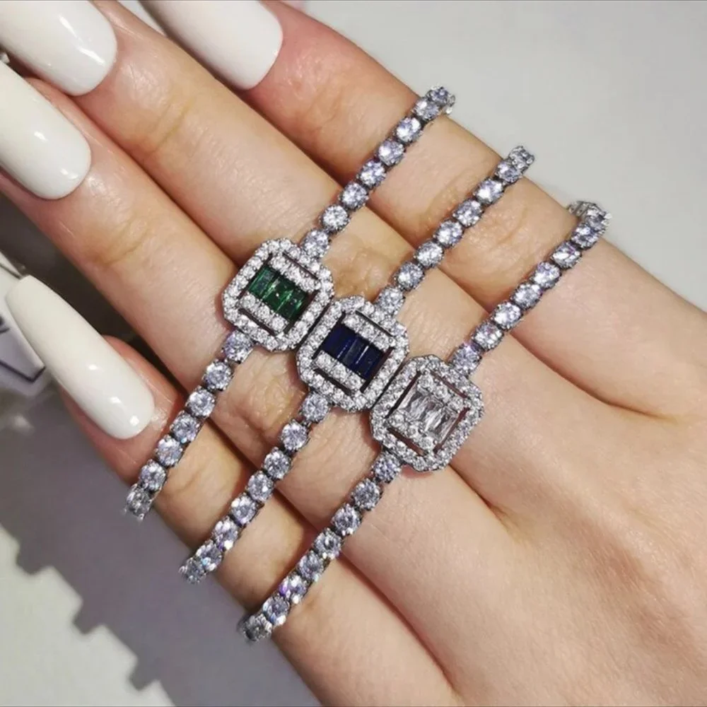 NEW “7” LUXURY 3MM DIAMOND BLUE’GREEN’ SILVER’ S925 STERLING BRACELET - Picture 2 of 5